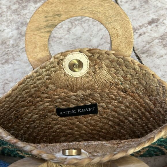Antik Kraft Clutch Jute & Wood Handle Bag Floral Print Summer Beach Vibes - Picture 5 of 6